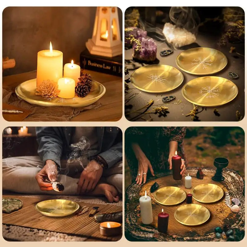 14cm Stainless Steel Plate Candlestick Ceremonial Ornament Engraving Plate Nordic Compass Crystal Storage Round Plate Qme