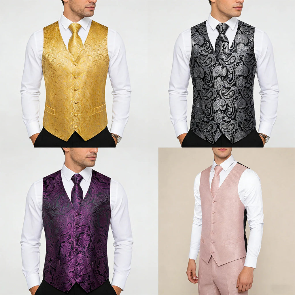 Men's Formal Suit Vest & Tie Set – Waistcoat with Necktie Pocket Square, Perfect for Weddings and Business Events Qme