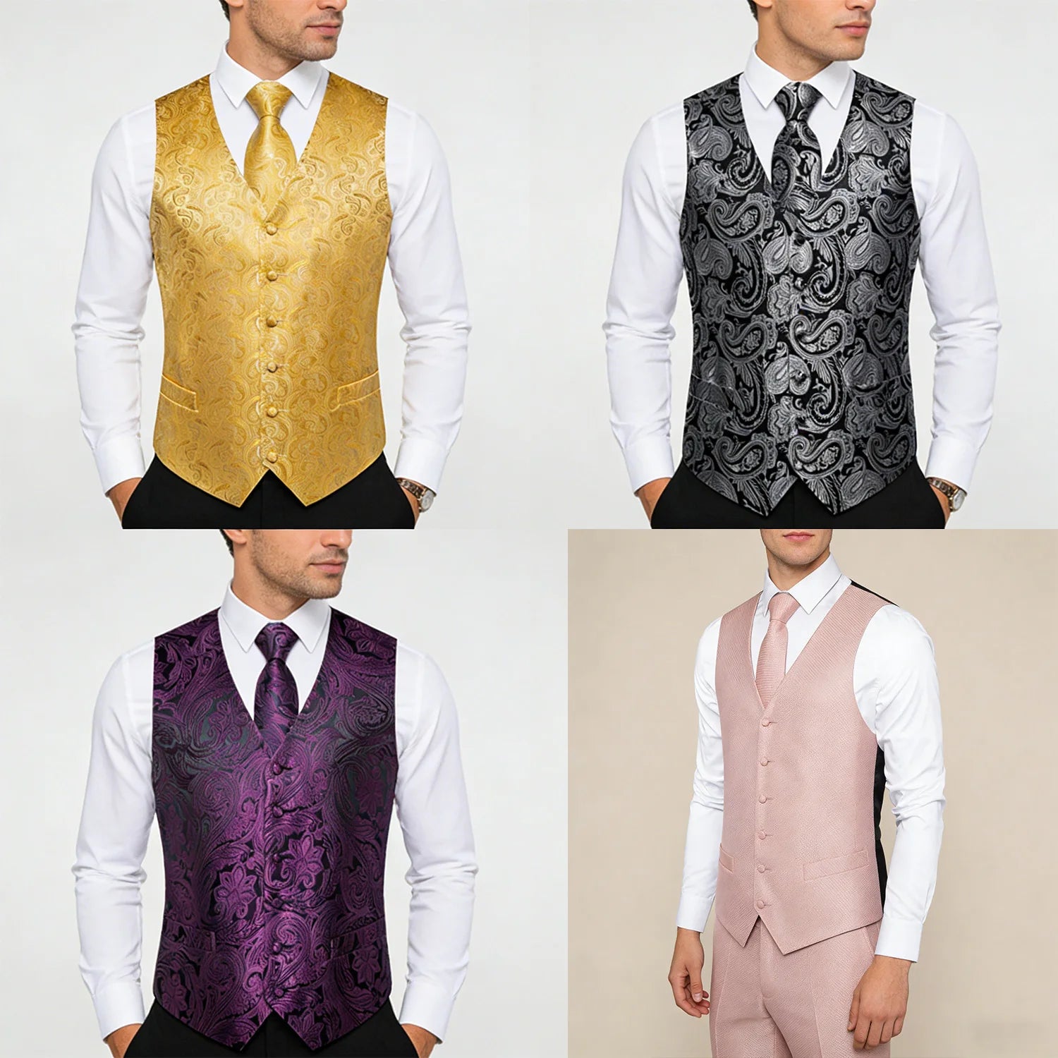 Men's Formal Suit Vest & Tie Set – Waistcoat with Necktie Pocket Square, Perfect for Weddings and Business Events Qme