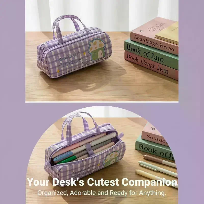 Plaid Pattern Double Layer Student Pencil Case 2 Zippers Handle Water Qme