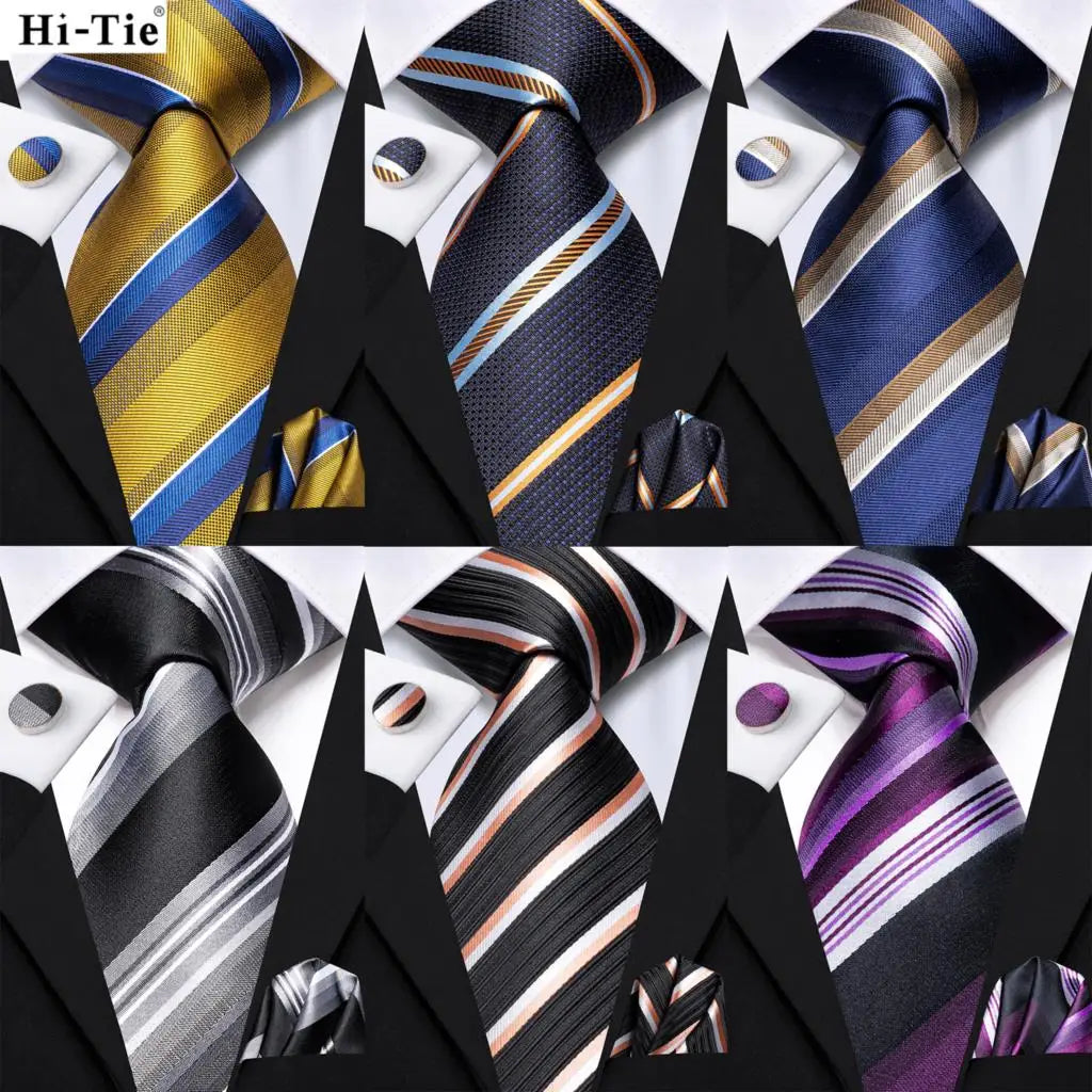 Hi-tie Men Fashion Striped Navy Blue Necktie Handkerchief Cufflinks Qme