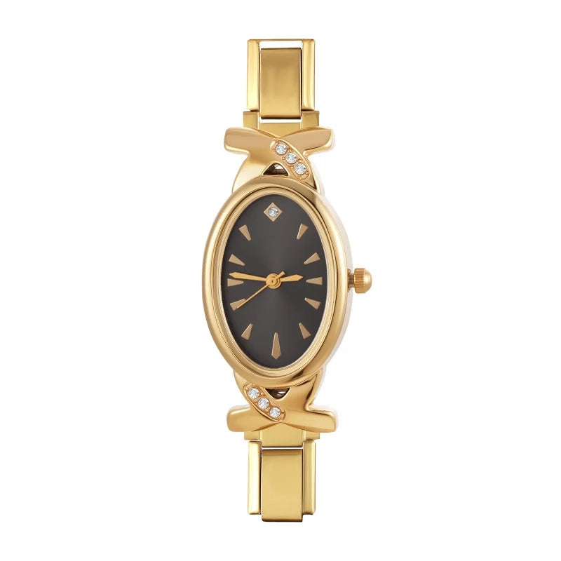 Y2K Vintage Golden High Quality Oval Shiny CZ Stainless Steel Watch Bracelet Women's 9MM DIY Italian Charm Bangle Jewelry Gifts Qme S 11