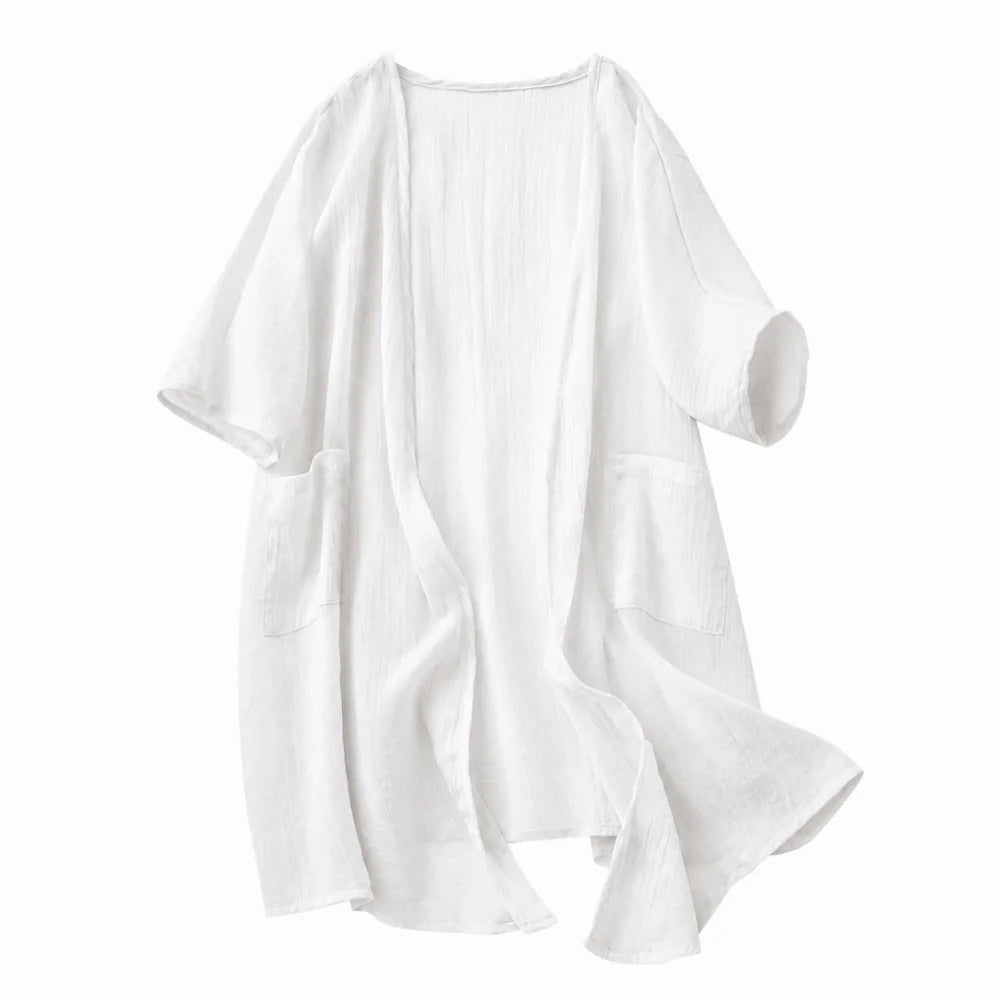 Solid Short Sleeved Linen Cardigan Loose Front Opening Summer Shirt Qme White XXL