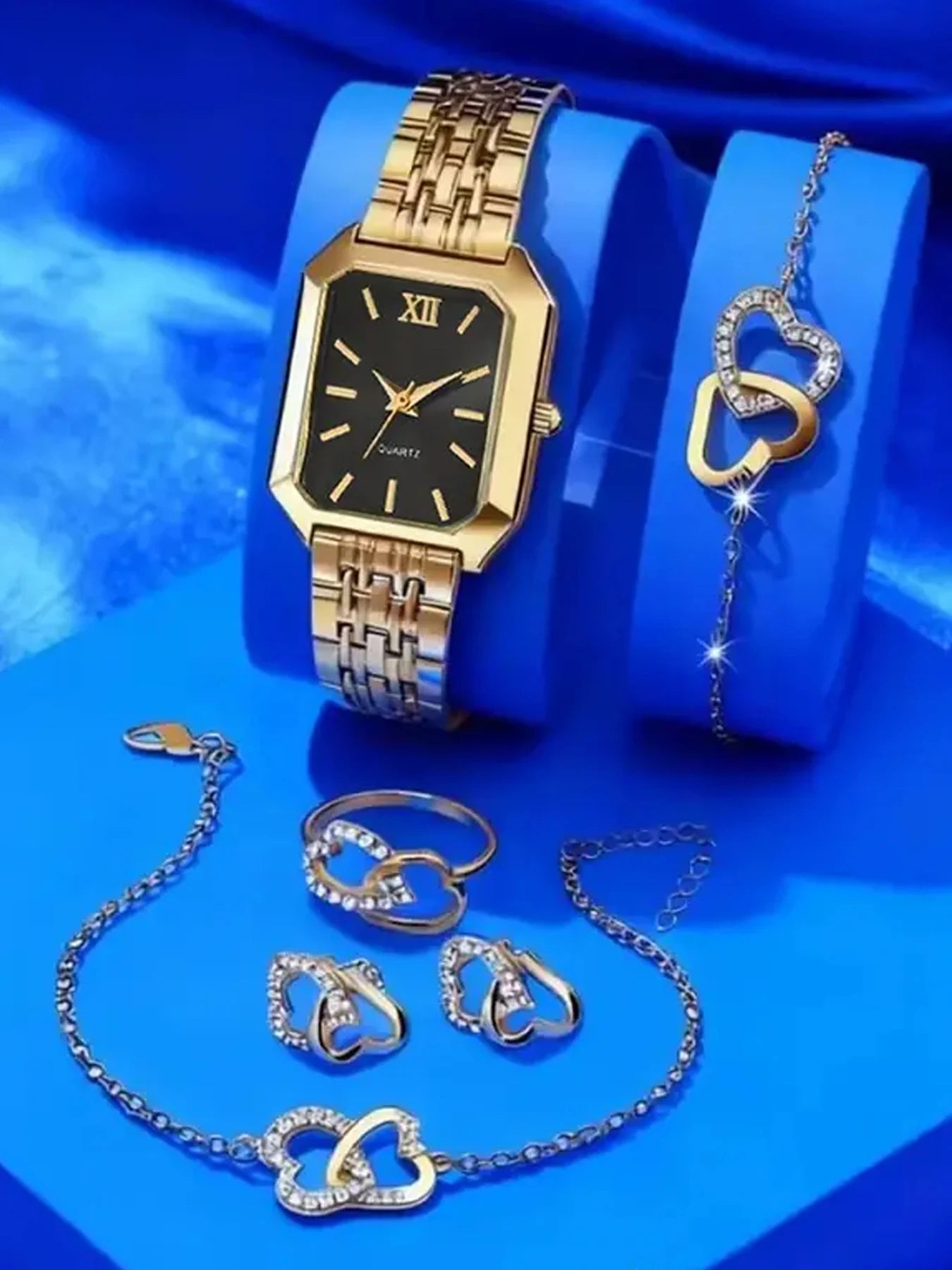 Light luxury steel strip women's watch pointer female student fashionable simple square quartz watch set Qme Rose