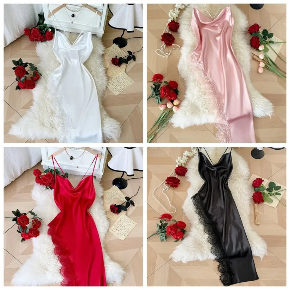 Elegant Split Women Nightgown Beauty-back Spaghetti Strap Lace Pajama Qme