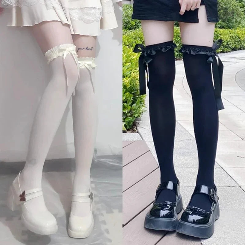 Women Lace Black White Ruffle Long Socks Girls Sweet Stockings JK Qme