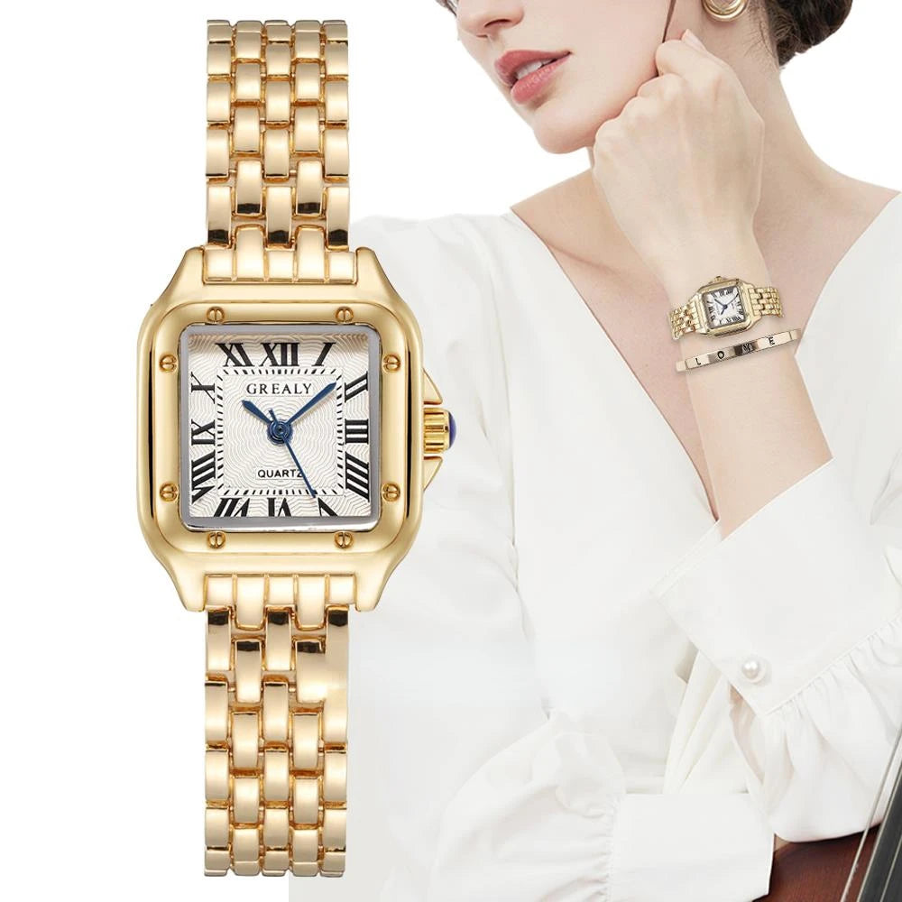 2023 Luxury Women's Fashion Square Watches Gold Alloy Strap Ladies Quartz Wristwatches Qualities Female Roman Scale Clock Qme