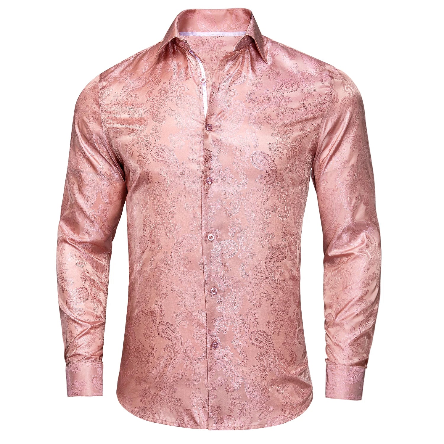 Hi-Tie Mens Shirts Silk Paisley Navy Blue Pink Black White Green Long Sleeve Lapel Shirt Casual Formal for Male Wedding Business Qme CY-1034 XXL