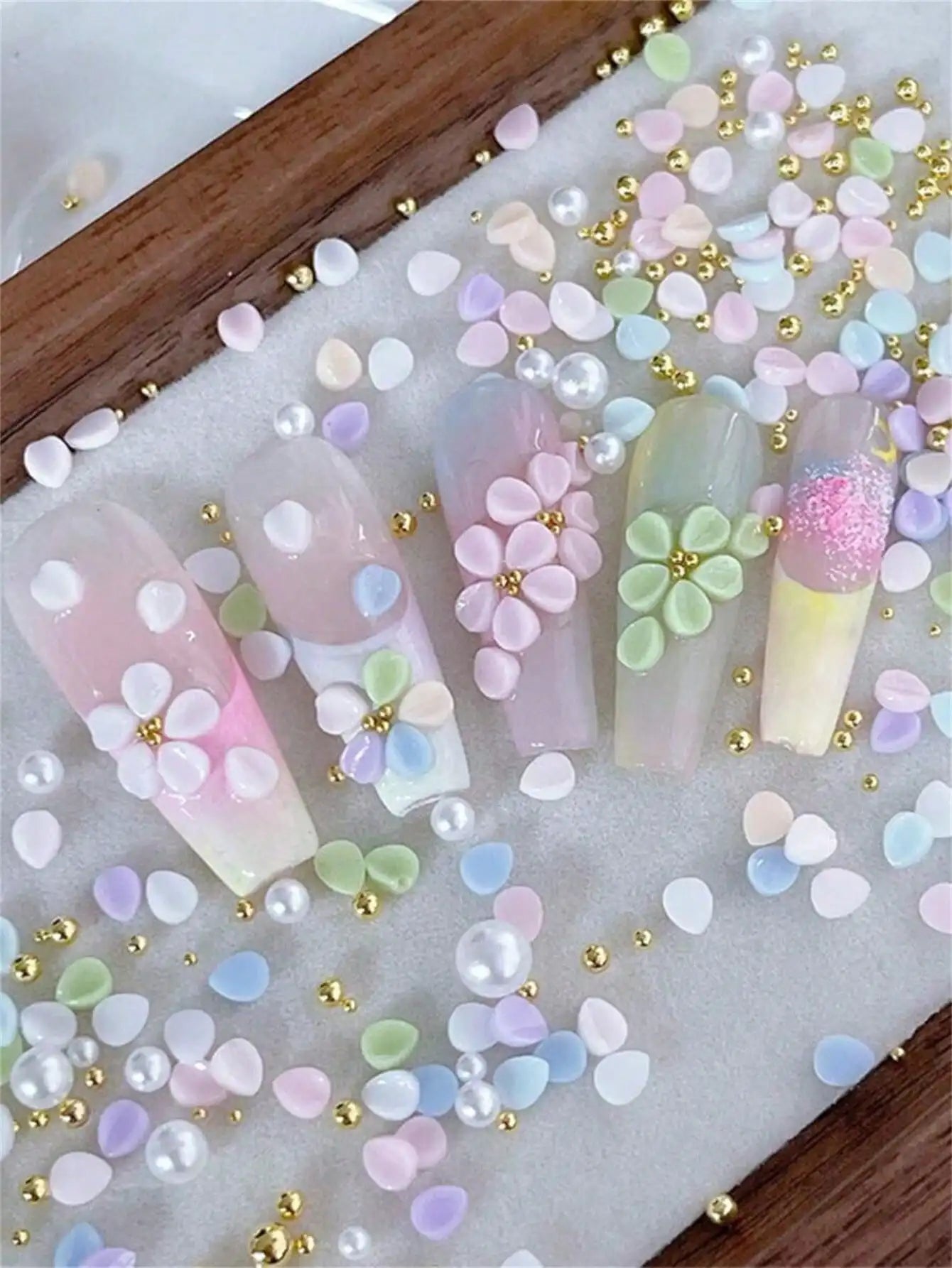 Flower Nail Charms Rhinestones Pearls Floral Art Accessories Supplies Qme