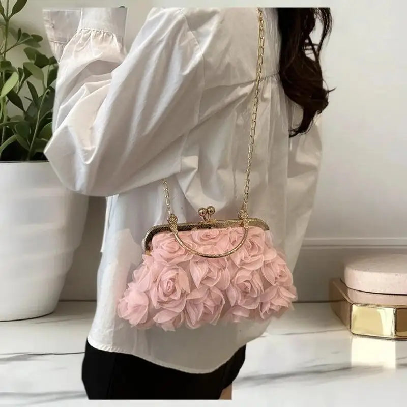 Chiffon 3D Flower Banquet Bag Fashion Evening Bags Luxury Women Chain Qme