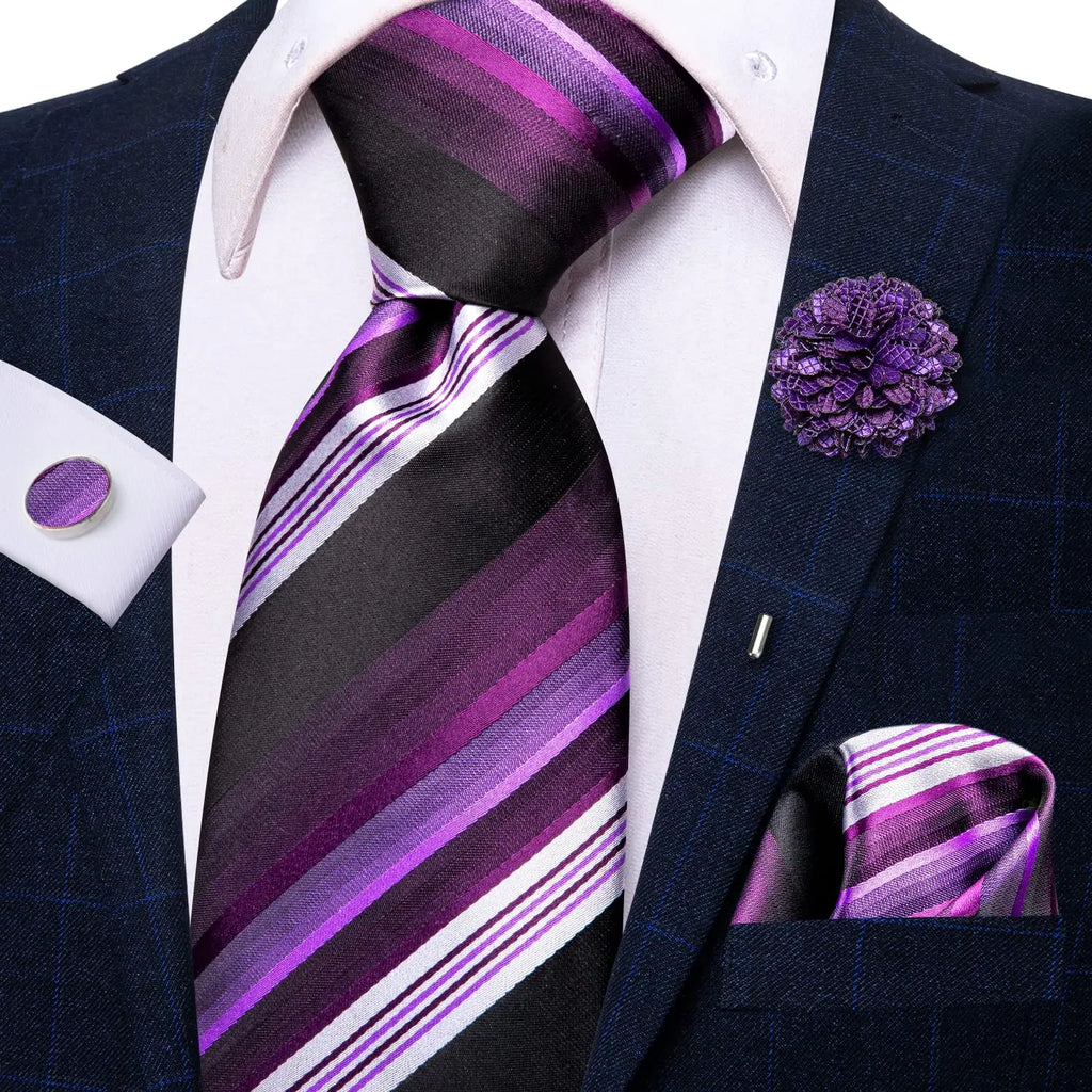 Striped Purple White Tie With Brooch Silk Elegent Necktie For Men Handky Cufflink Fashion Wedding Business Party Hi-Tie Designer Qme