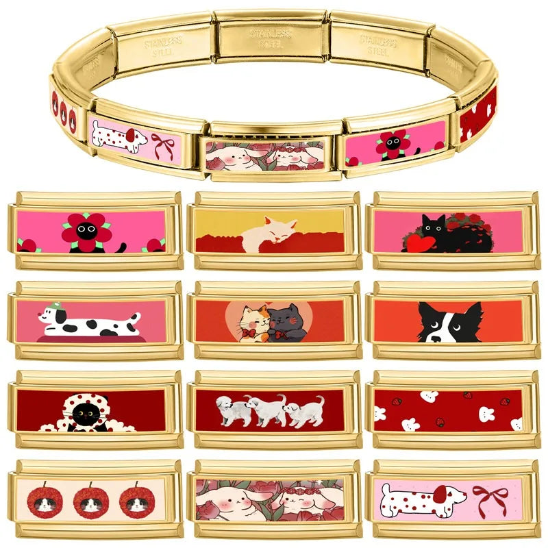 2025 New Dreamy Rabbits Flowers Cute Cats Dogs Charm Bracelet Fit 9mm Bracelet Stainless Steel Italian Links Making DIY Jewelry Qme