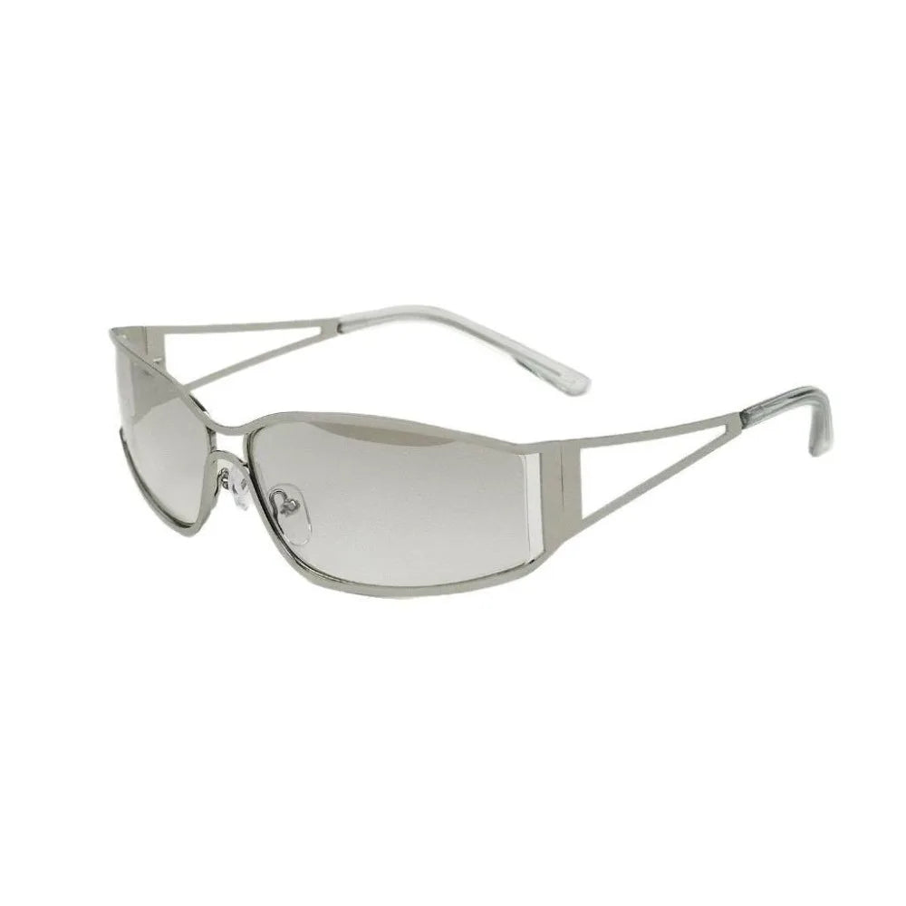 Vintage Y2k Frameless Sunglasses Metal Steampunk Rimless Oval Sunglasses Gradient Solid Color Fashion Shades Driving Qme Silver