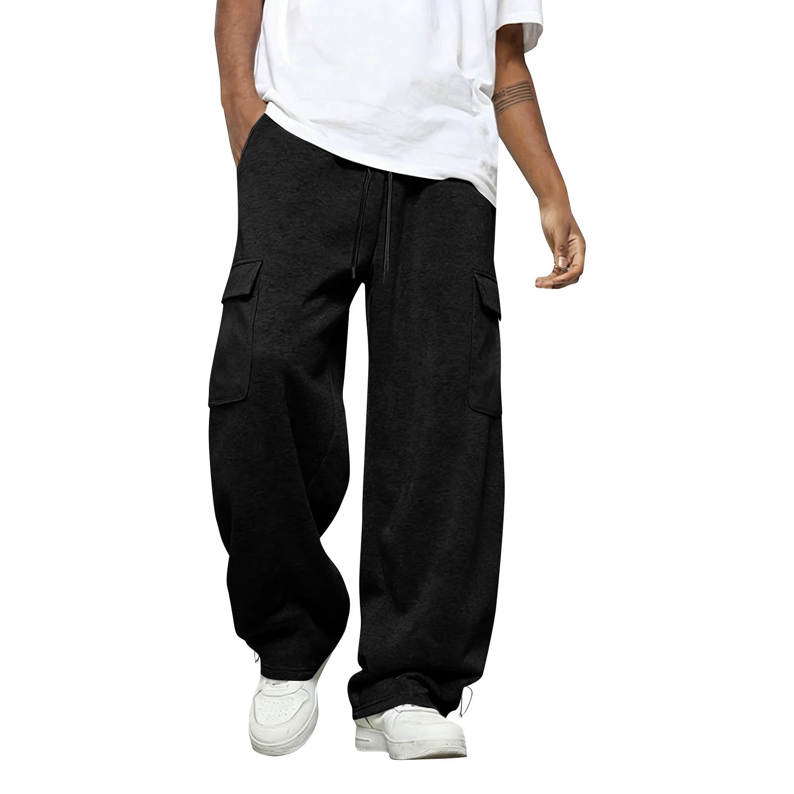 Male Basic Baggy Solid Wide Leg Sweatpants Fashion Daily Versatile Drawstring Elastic Waist Trousers Sports Hiking Comfy Pants Qme Black XXL