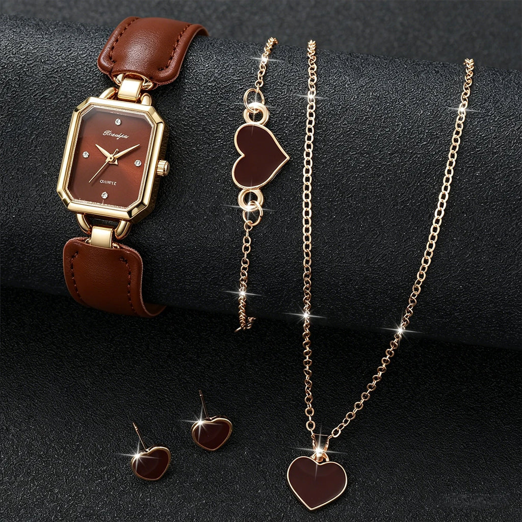 Women's Gold Watch Jewelry Set, 4Pcs Brown Dial Watch + Brown Heart Bracelet + Necklace + Earrings, Minimalist Elegant Style Qme