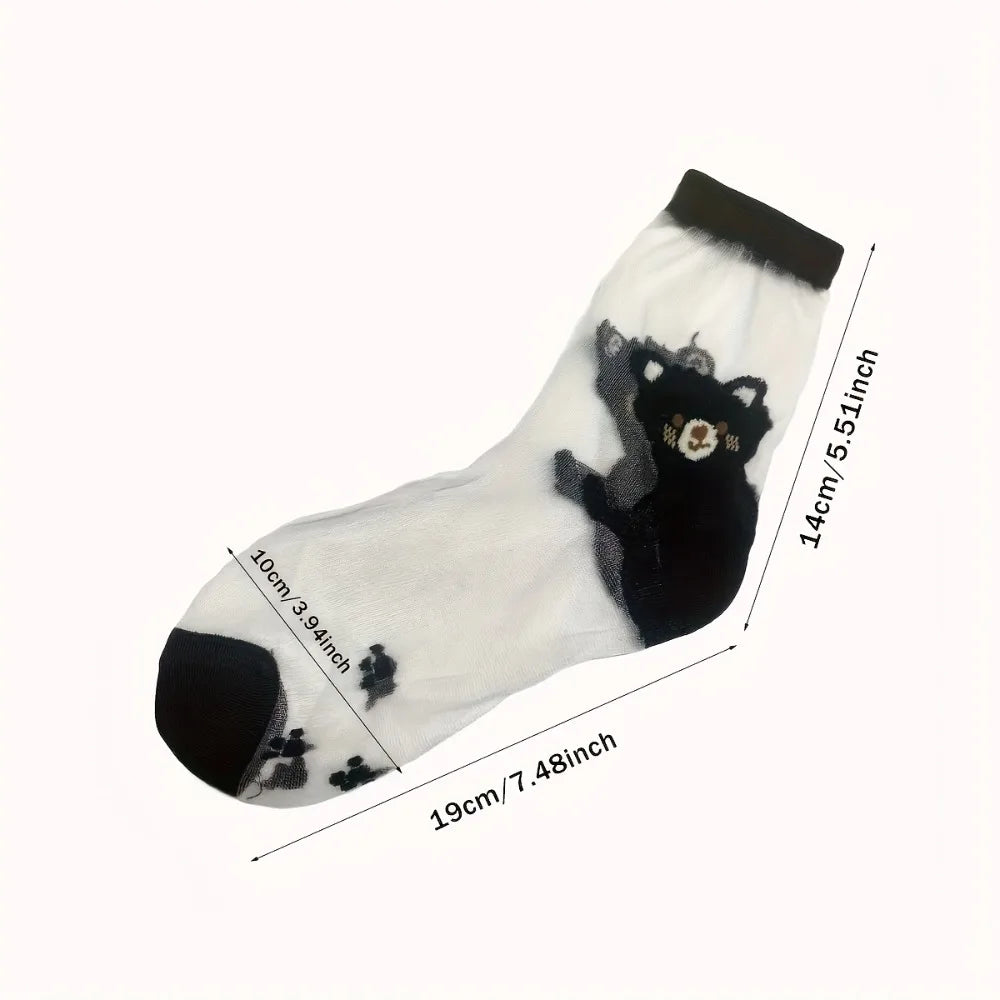Women's Cute Bear Pattern Sheer Socks, Transparent Crystal Silk Ankle Socks For Summer, Casual & Daily Wear Qme