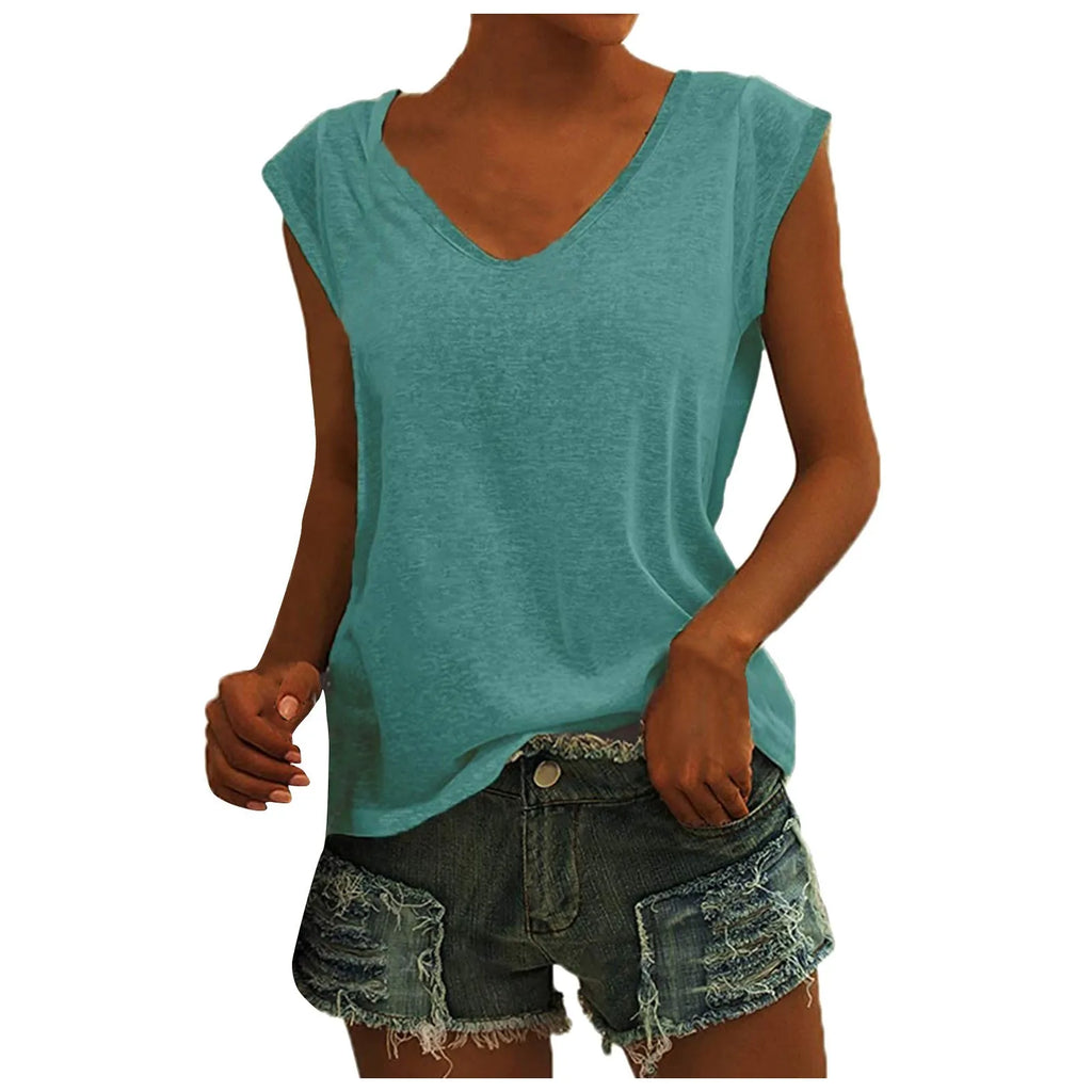 Women's Solid Color Minimalist Fashionable V-Neck Sleeveless T-Shirt Casual And Versatile Loose Summer Basics Street Tank Tops Qme