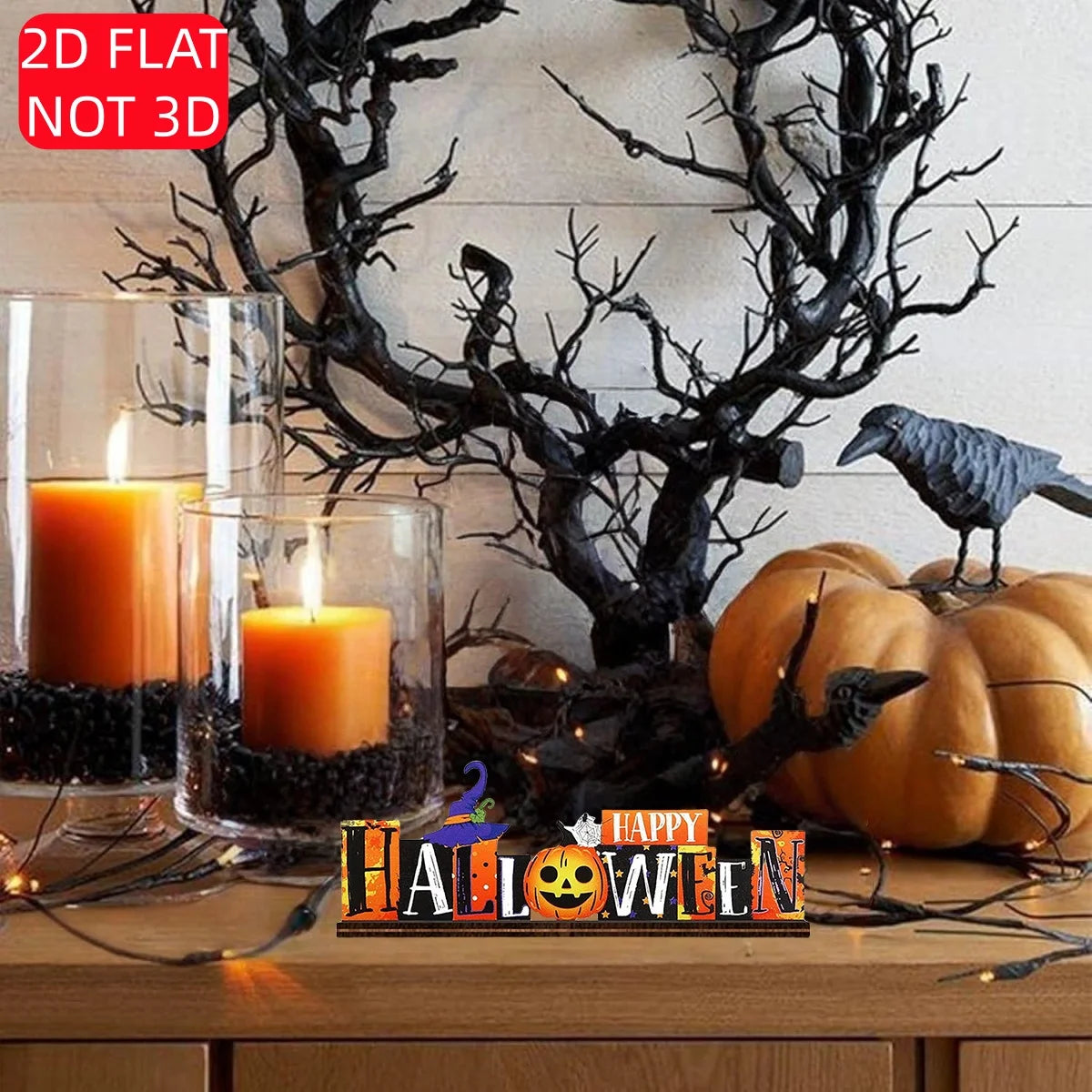 1 Set of 2D Halloween Wooden Tabletop Decorations, "Happy Halloween" Spooky Pumpkin Witch Hat Spider Web Pattern, Vintage Halloween Farmhouse Store Party Event Decorations ﻿ Qme