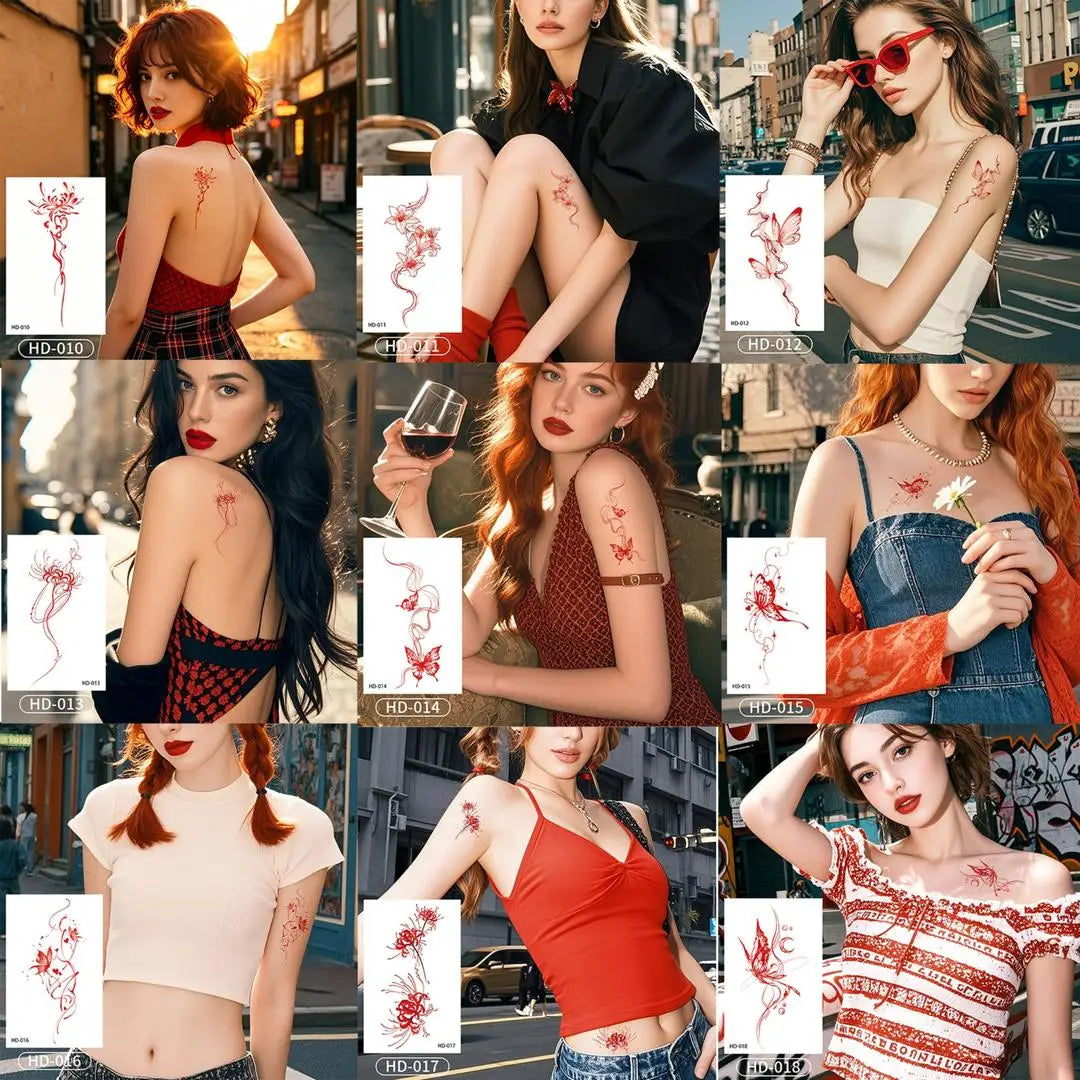 A Temporary Tattoo Retro Red Sticker Watercolor Butterfly Decor Body Arm Art Paster Face Bady Tattoo Waterproof DIY Paster Qme 9pcs HD-010HD018