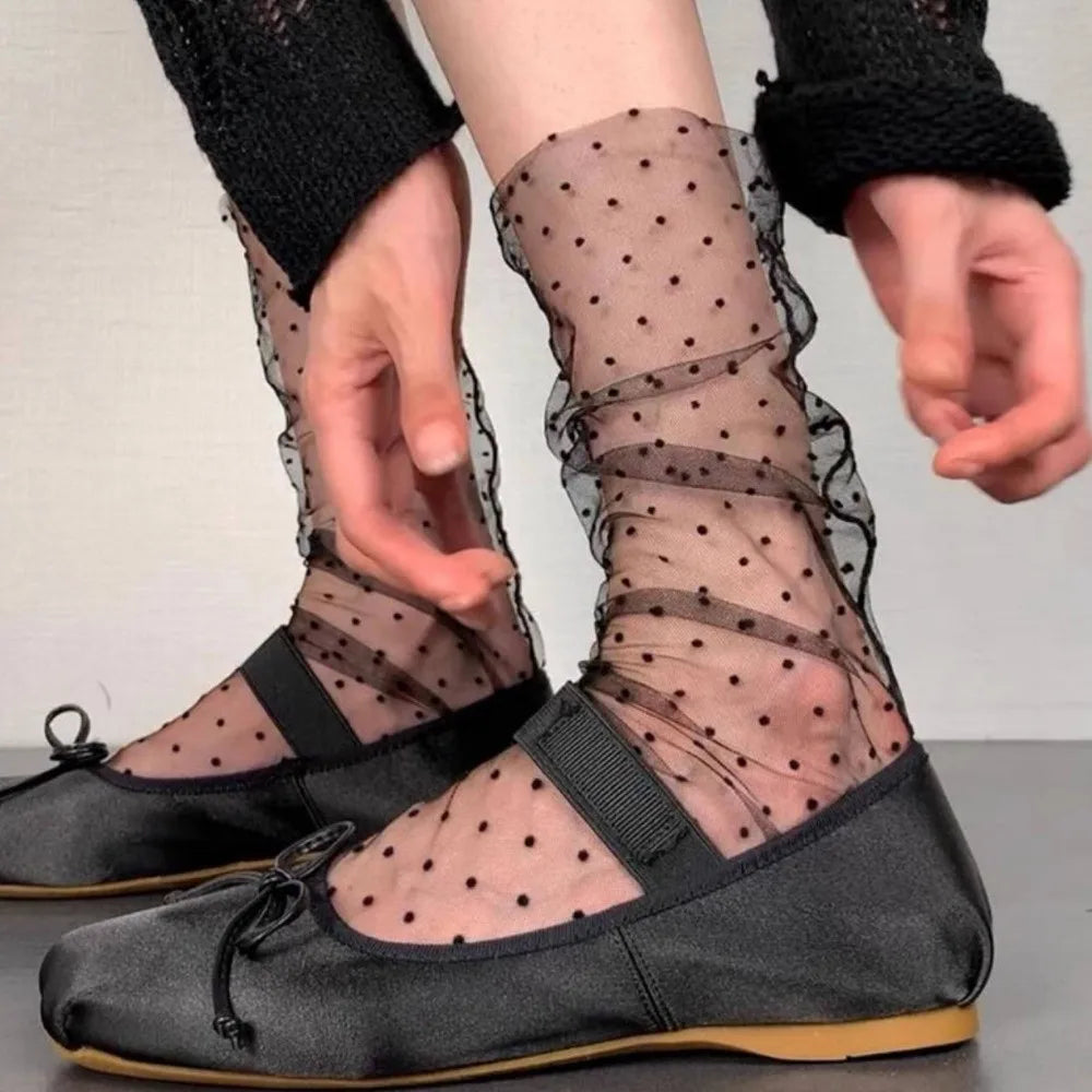 Pile Up Socks Breathable Polka Dot Mesh Transparent Summer Mid Tube Qme