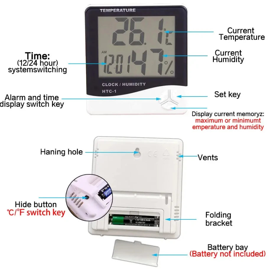 LCD Digital Temperature Humidity Meter HTC-2/HTC-1 Home Indoor Outdoor Hygrometer Thermometer Weather Station with Clock Qme