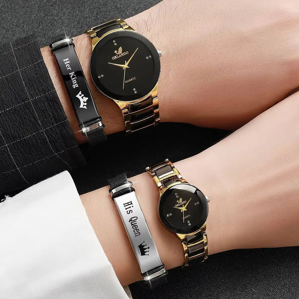 4PCS Tri color quartz watch fashion casual set rhinestone steel strip watch couple watch set Qme