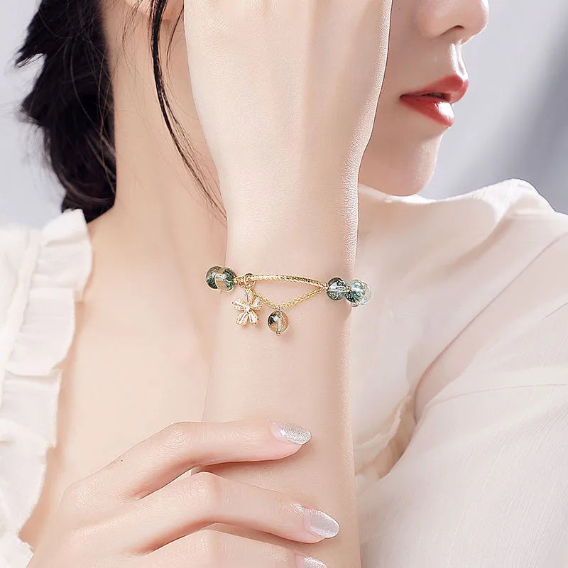 b74 Cherry Blossom Green Ghost Bracelet Advanced Design Lucky Crystal Green Ghost Elastic Bracelet Women's Jewelry Hand Gift Qme