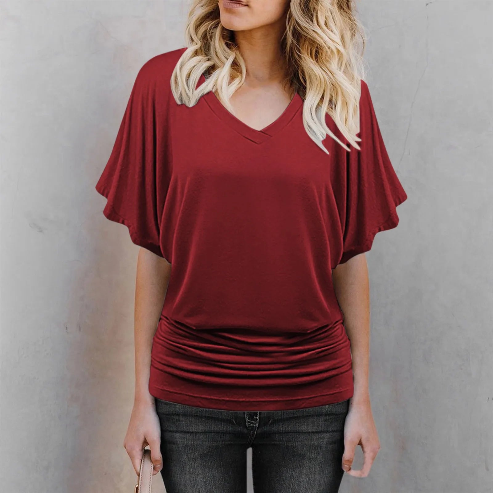 Soft Pleated Summer Bating Short Sleeved V-neck Solid Color T-Shirt Fashionable Classic Soft And Comfortable Daily Top For Lady Qme