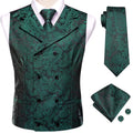 Mens Black Green Suit Vest Tie Hanky Cufflinks Set Jacquard Floral Paisley Waistcoat Necktie for Male Wedding Busniess Qme MJTZ3113 L