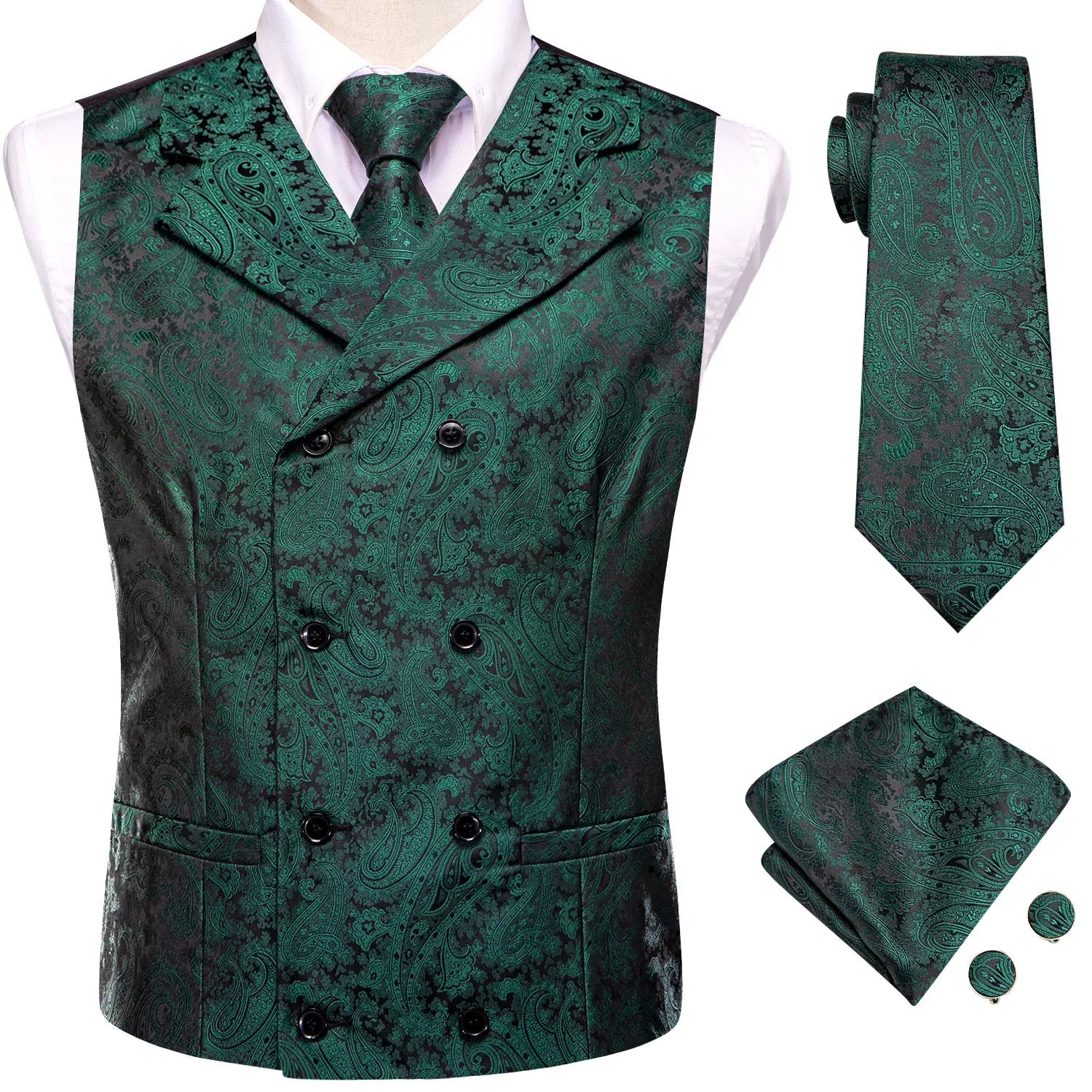 Mens Black Green Suit Vest Tie Hanky Cufflinks Set Jacquard Floral Paisley Waistcoat Necktie for Male Wedding Busniess Qme MJTZ3113 L