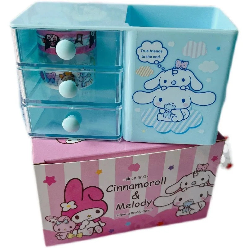 Hello Kitty, Kuromi, and Japanese-Style Cute Desktop Pencil Holder Student Storage Box Melody Mini Drawer Organizer Qme