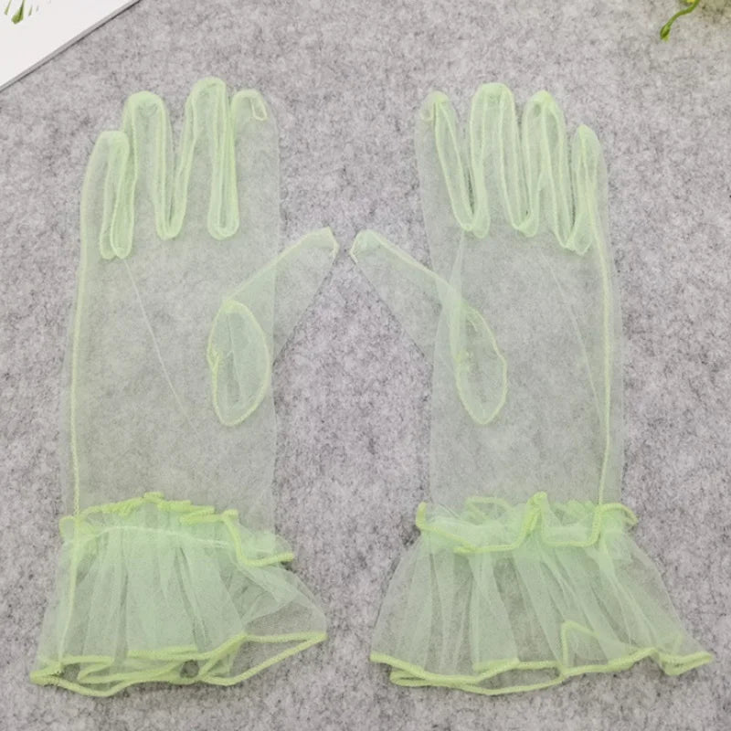 Women Black Lace Gloves Ultra Thin Tulle Wedding Bride Dress Driving Qme light green One Size
