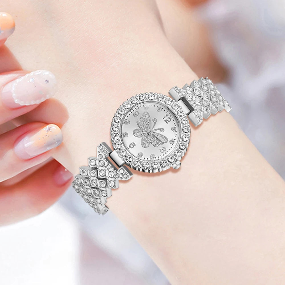 5PC Luxury Women Watch Set Fashion and Trendy With Rhinestone Butterfly Element Dial Quartz Watch Bracelet Set Perfect Gift Qme