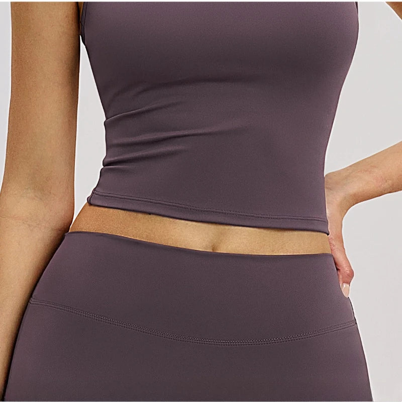 A Yoga Vest Seamless Running Top Tank Top Short Sleeve I-shape Backless Gym Workout Top Solid Color Nylon Fitness Top Qme