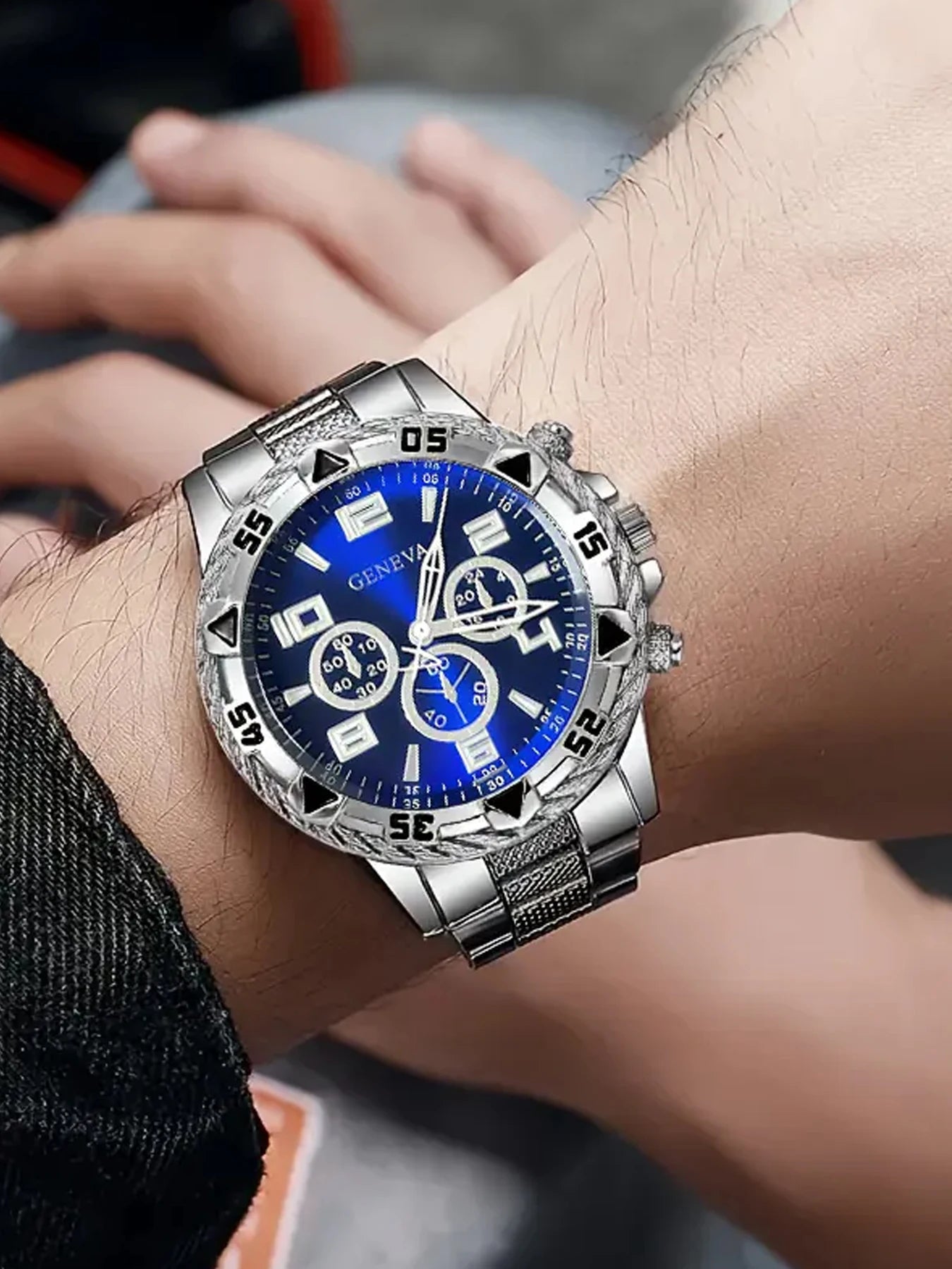Blue light glass men's business watch with steel strap, quartz watch, multifunctional digital scale, three eye watch set Qme