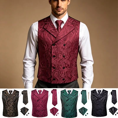 Formal Men V-neck Waistcoat 4-in- Vest Tie Pocket Square Cufflinks Qme