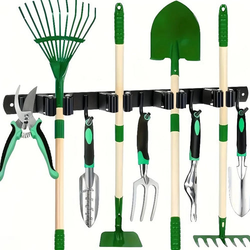 1 Heavy-Duty Metal Tool Rack with 4 Slots and 5 Hooks - Wall-Mounted Garden Tools, Broom, Mop and Garage Equipment, Tool Rack St Qme