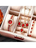 6-piece set of diamond studded temperament bracelet, women's quartz watch, heart jewelry set Qme Red No