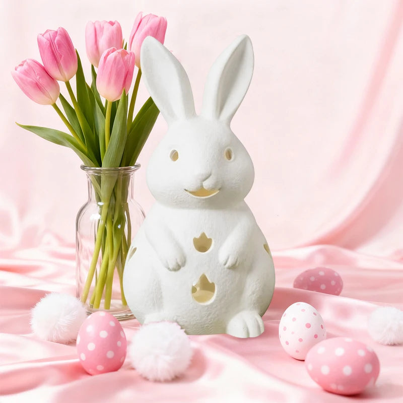 Easter Hollowed Out Rabbit Resin Candlestick, White Bunny Candle Holder, Home Decoration With Tea Light Opening Qme