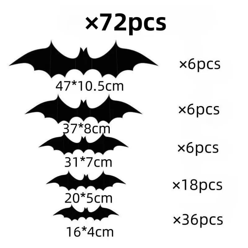 3D Stereoscopic PVC Black Bat Wall Sticker Halloween Decoration Scary Spider DIY Sticker Party Haunted House Decoration Supplies Qme BF010 72pcs