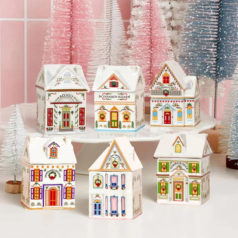 Holiday Village Spice House Set, Mini Christmas Gingerbread Houses Jars, Festive Decor Kitchen Countertop Christmas Candle Qme