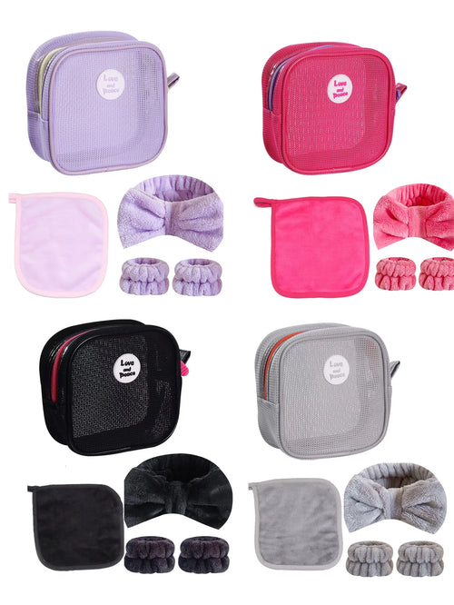 1 Face Wash Headband 2 Wristbands Makeup Removal Towel Cosmetic Bag Qme