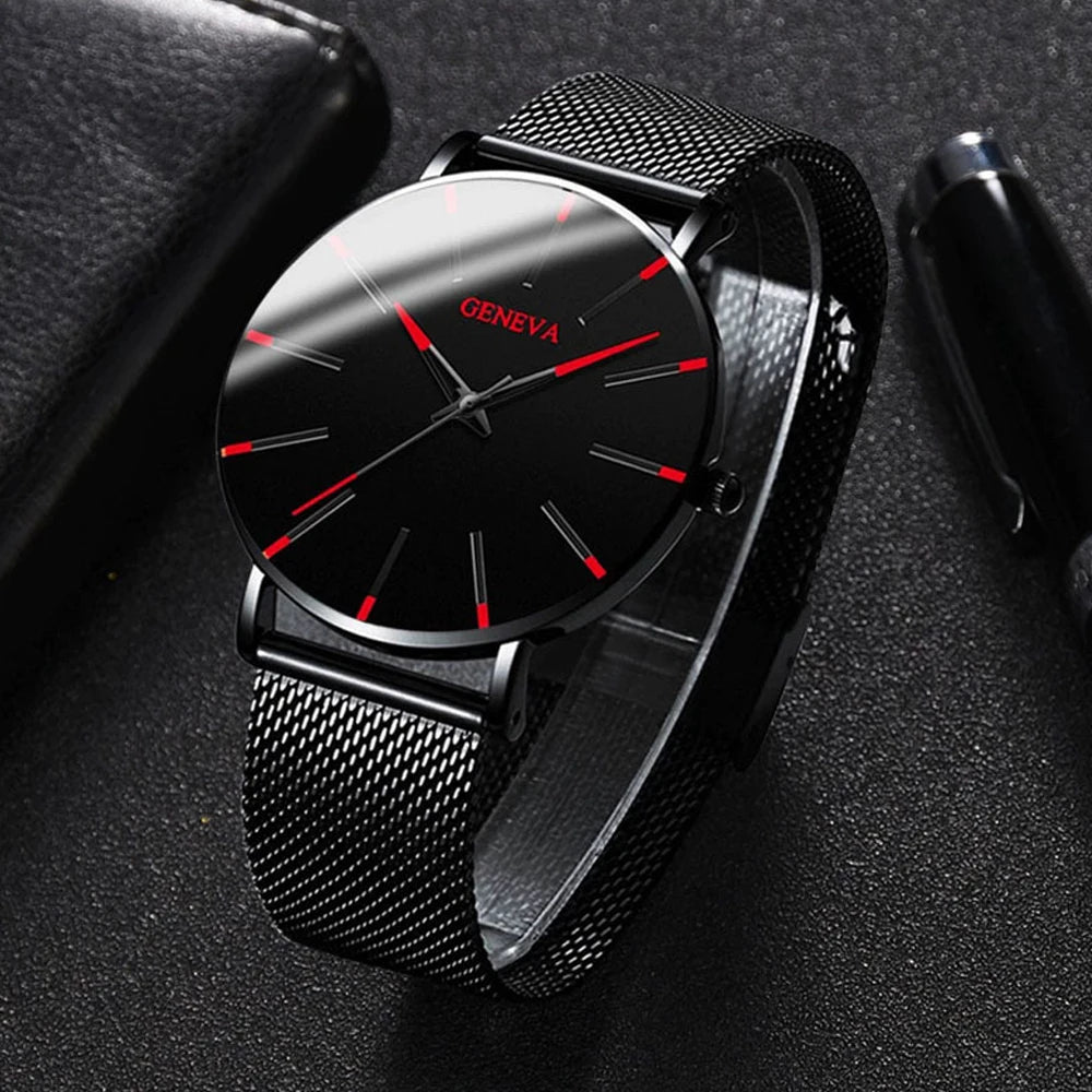 1PCS Geneva Men's Watch Fashion Blue Needle Quartz Watch Simple Business Mesh Belt Watch Qme Red