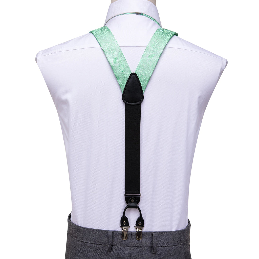 Hi-Tie Silk Men's Suspender Metal 6 Clips on Braces Bow Tie Hankerchief Cufflinks Male Wedding Party Business Vintage Adjustable Qme