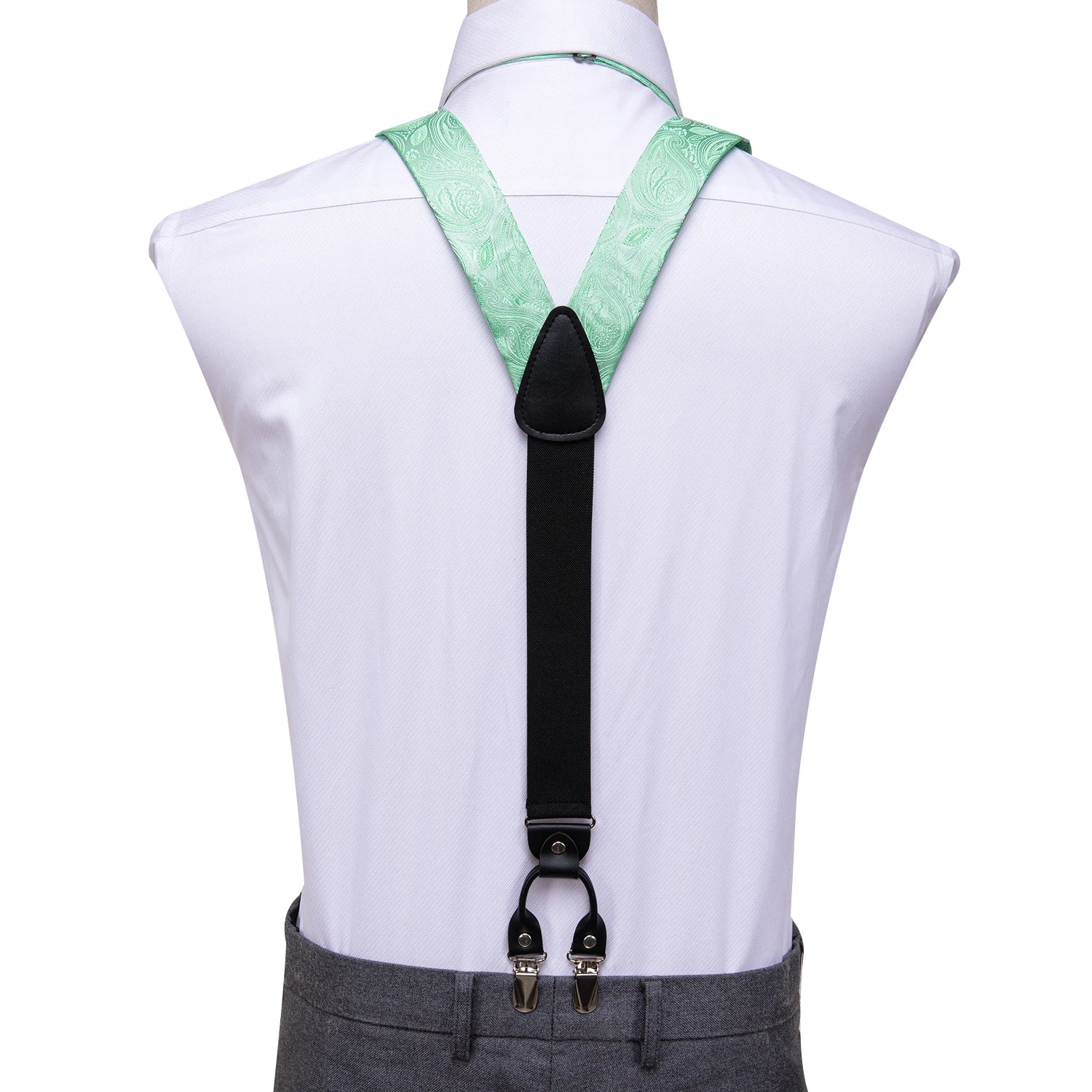 Hi-Tie Silk Men's Suspender Metal 6 Clips on Braces Bow Tie Hankerchief Cufflinks Male Wedding Party Business Vintage Adjustable Qme