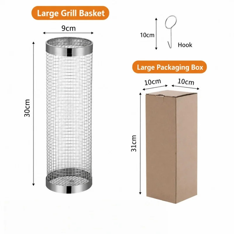 Stainless Steel Cylinder Rolling Grilling Basket Portable Round BBQ Rack Wire Mesh Barbecue Grate for Outdoor Camping Picnic Qme 30CM