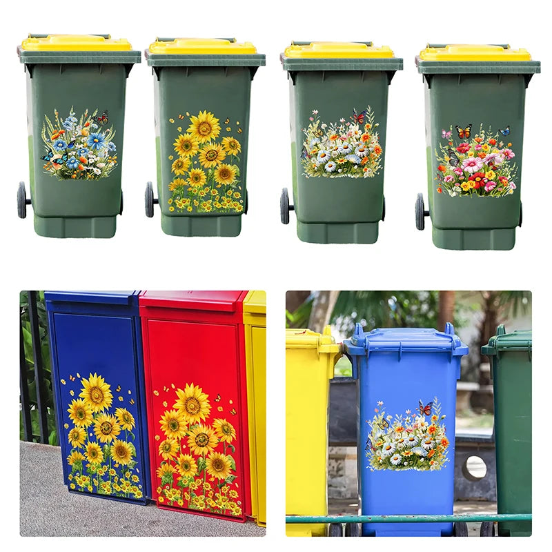 Trash Can Stickers Floral Wheel Self-adhesive Waterproof PVC Decals Qme