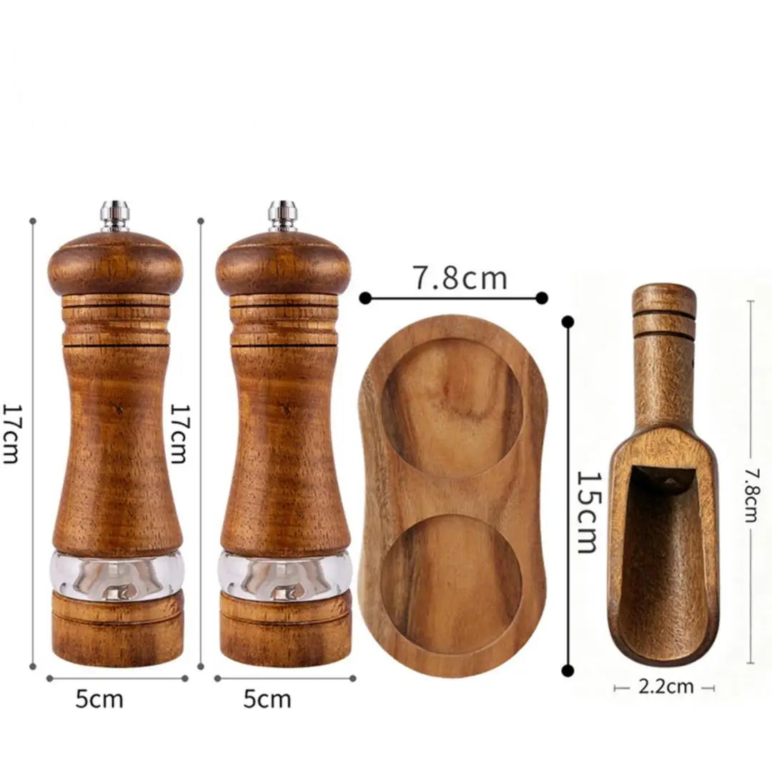 A 6 Inch Acrylic Pepper Mill Ceramic Core Grinder, Rubber Wood Double Hole Tray & Small Wood Spoon Spice Seasoning Set Qme 4pcs Grinding setC