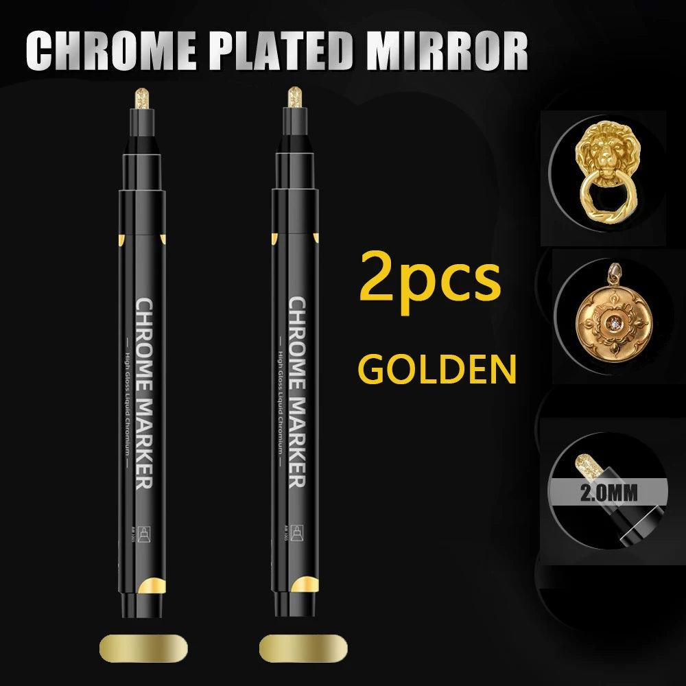 1/2 Pcs Mirror Chrome Metallic Markers, Waterproof Paint Repair,For Rock Ceramic Glass Metallic 2mm Nib, Painting DIY Craft Qme 2 Pcs Golden