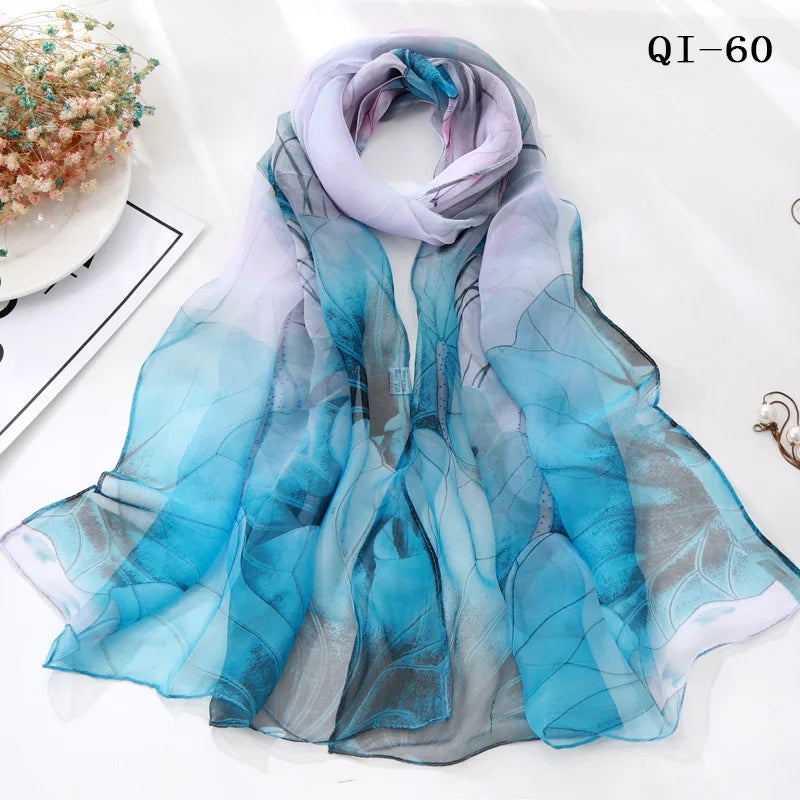 Painting Lotus Beach Sun Protection Chiffon Georgette Scarf Women Foulard Scarf Shawls Female Long Wraps Beach Sunscreen Hijab Qme QI-60